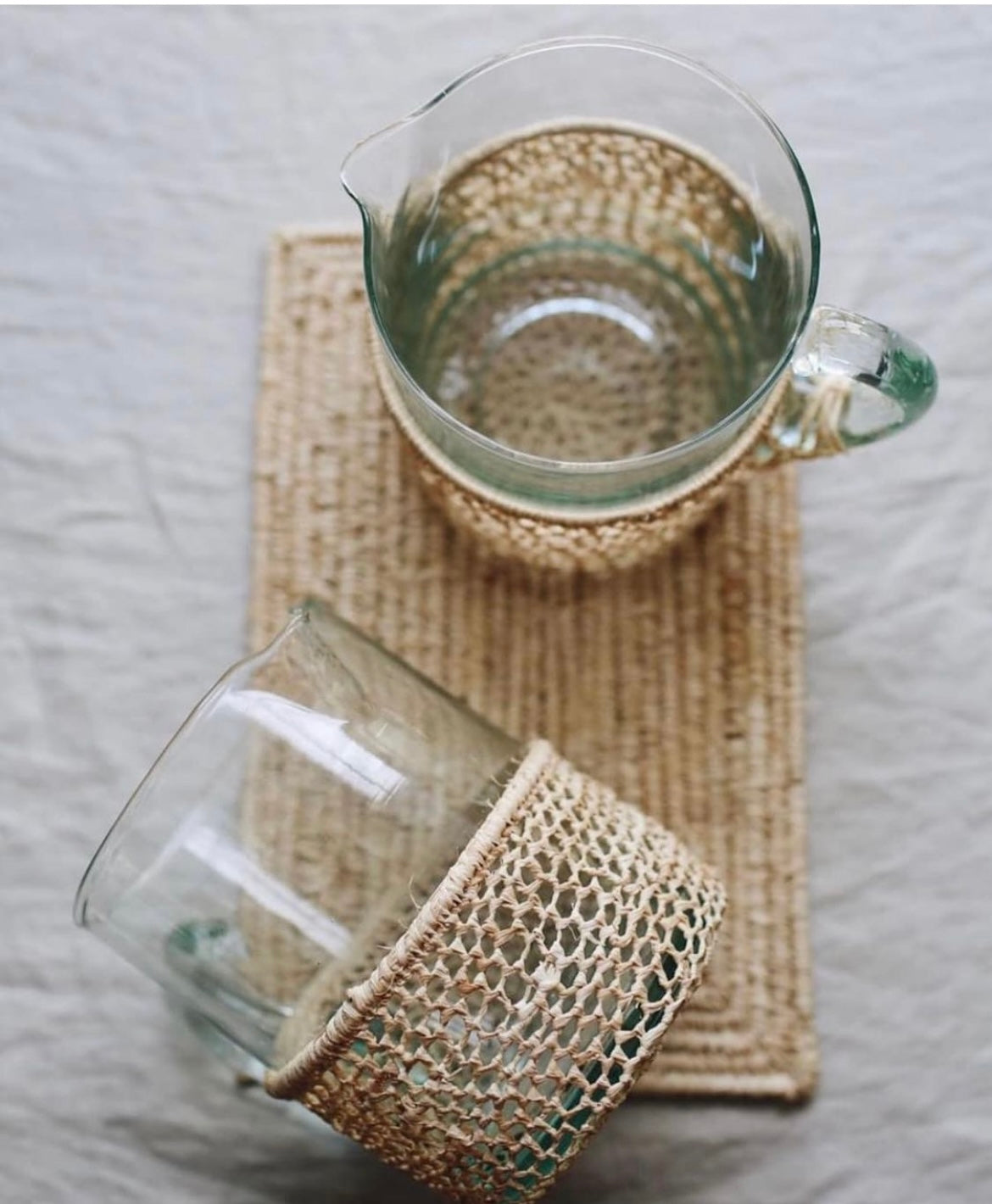 Small Braided Raffia Glass Pitcher