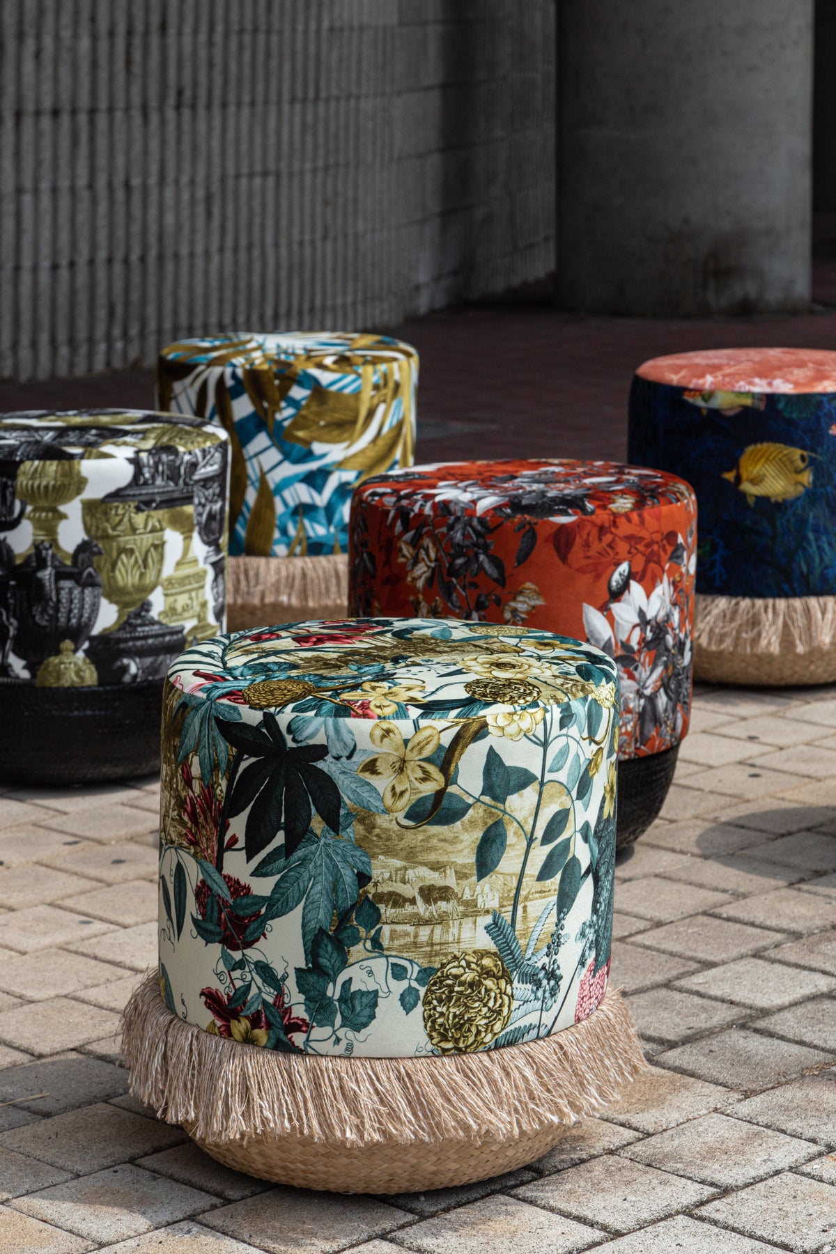 Velvet Flower Strew Pouffe Green