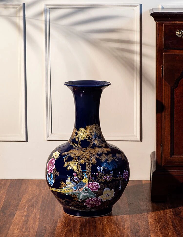 Oversized Blue Floral Floor Vase